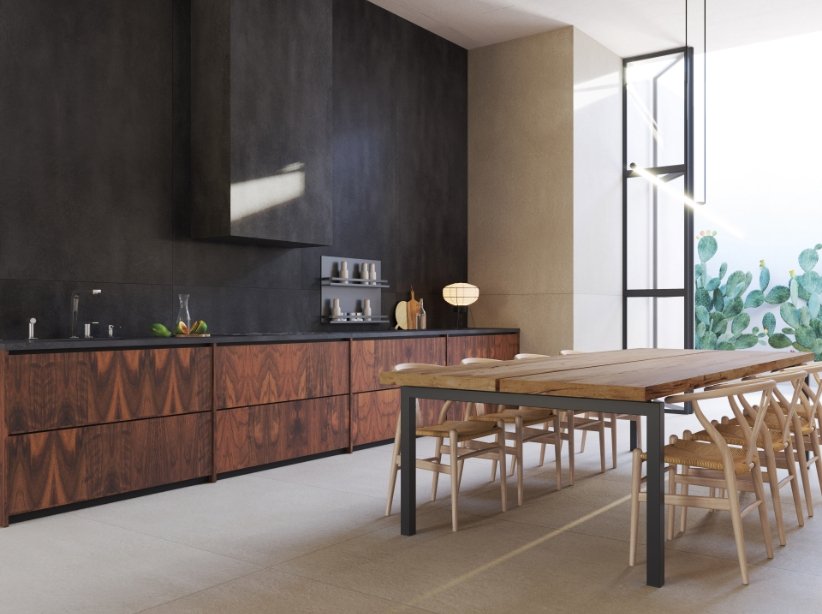 Na imagem: Gigacer Concrete Graphite (parede) e Gigacer Concrete Rope (piso)