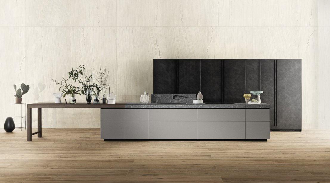 Na imagem: Quartzites Araxá (parede) e Nordik Wood (piso)