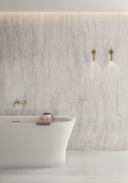 Na imagem: Travertino Navona Grigio